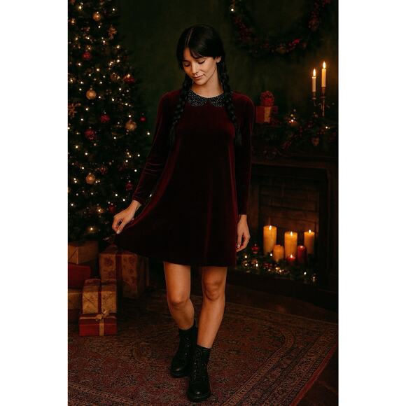 Betsey Johnson Collared Velvet Mini Dress - 2 Burgundy, Whimsigoth Holiday Twee - Picture 1 of 11